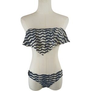 Reef Womens Blue White Batik‎ Wave Ruffle Bandeau Bikini Set RF03314 Size Small